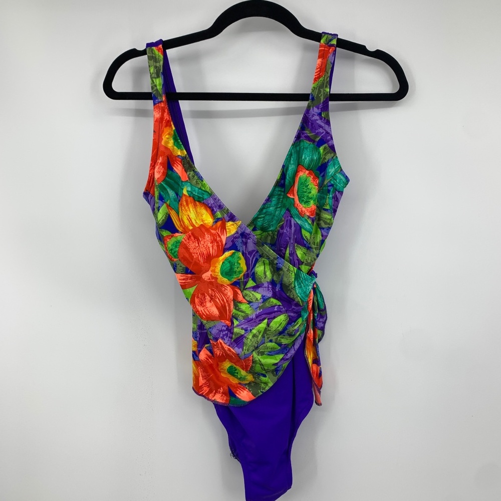 Sirena Womens‎ 12 Swimsuit One Piece Ruched Slimming Purple Floral Vintage Artsy